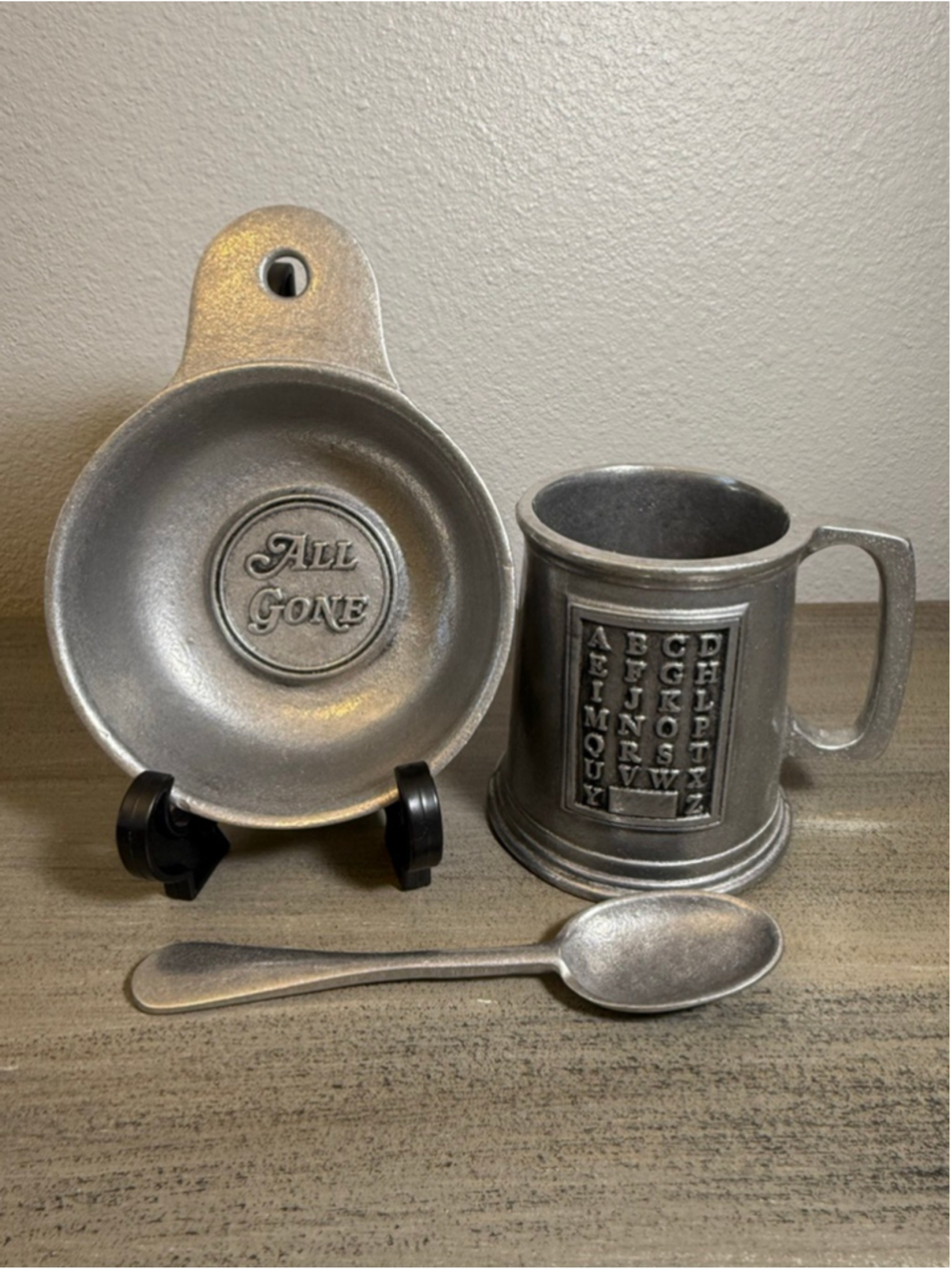 vintage pewter Wilton Armetale child's "All Gone" set alphabet mug dish spoon